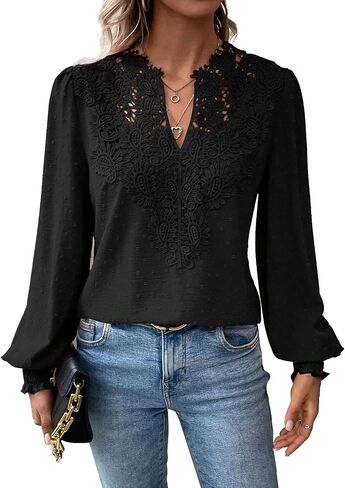 Womens Tops V Neck Boho Long Sleeve Shirts Swiss Dot Chiffon Blouses Flowy Lace Crochet Clothing Casual Trendy Tunic in Saudi Arabia