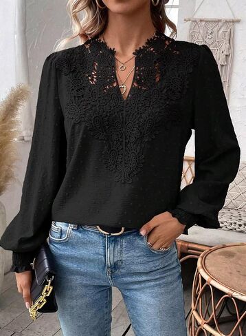 Womens Tops V Neck Boho Long Sleeve Shirts Swiss Dot Chiffon Blouses Flowy Lace Crochet Clothing Casual Trendy Tunic in Saudi Arabia