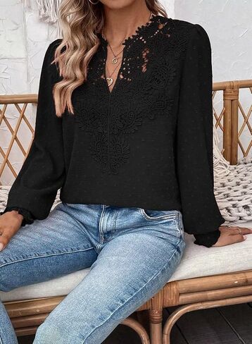 Womens Tops V Neck Boho Long Sleeve Shirts Swiss Dot Chiffon Blouses Flowy Lace Crochet Clothing Casual Trendy Tunic in Saudi Arabia