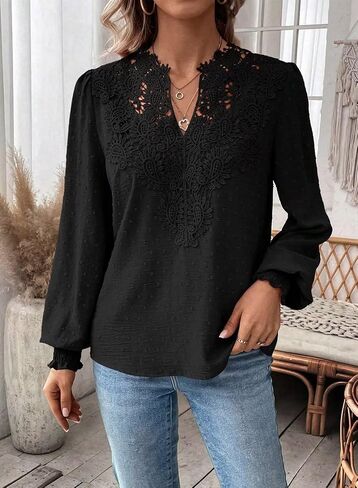 Womens Tops V Neck Boho Long Sleeve Shirts Swiss Dot Chiffon Blouses Flowy Lace Crochet Clothing Casual Trendy Tunic in Saudi Arabia