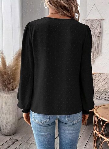 Womens Tops V Neck Boho Long Sleeve Shirts Swiss Dot Chiffon Blouses Flowy Lace Crochet Clothing Casual Trendy Tunic in Saudi Arabia