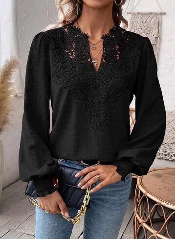 Womens Tops V Neck Boho Long Sleeve Shirts Swiss Dot Chiffon Blouses Flowy Lace Crochet Clothing Casual Trendy Tunic in Saudi Arabia