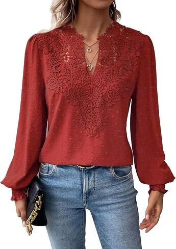 Womens Tops V Neck Boho Long Sleeve Shirts Swiss Dot Chiffon Blouses Flowy Lace Crochet Clothing Casual Trendy Tunic in Saudi Arabia