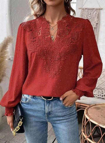 Womens Tops V Neck Boho Long Sleeve Shirts Swiss Dot Chiffon Blouses Flowy Lace Crochet Clothing Casual Trendy Tunic in Saudi Arabia