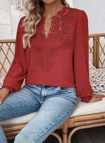 Womens Tops V Neck Boho Long Sleeve Shirts Swiss Dot Chiffon Blouses Flowy Lace Crochet Clothing Casual Trendy Tunic in Saudi Arabia