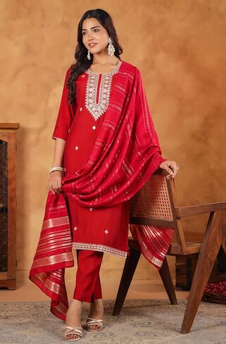 Janasya Indian Women's Kurta Kurti Set for Women Straight Embroidered Regular Sleeve Festive Calf Length Kurta Kurti Set in Saudi Arabia