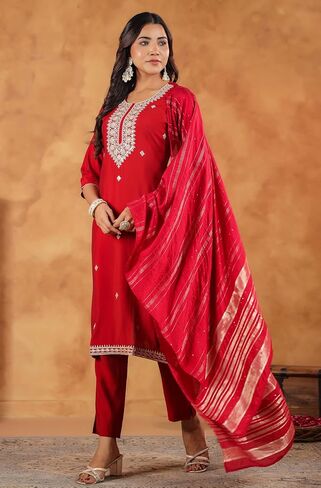 Janasya Indian Women's Kurta Kurti Set for Women Straight Embroidered Regular Sleeve Festive Calf Length Kurta Kurti Set in Saudi Arabia