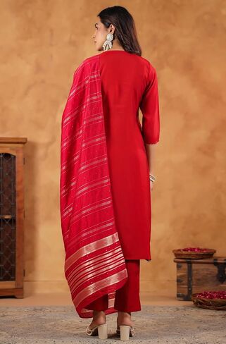 Janasya Indian Women's Kurta Kurti Set for Women Straight Embroidered Regular Sleeve Festive Calf Length Kurta Kurti Set in Saudi Arabia