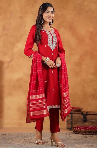 Janasya Indian Women's Kurta Kurti Set for Women Straight Embroidered Regular Sleeve Festive Calf Length Kurta Kurti Set in Saudi Arabia
