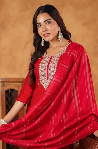 Janasya Indian Women's Kurta Kurti Set for Women Straight Embroidered Regular Sleeve Festive Calf Length Kurta Kurti Set in Saudi Arabia
