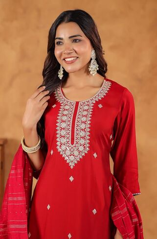 Janasya Indian Women's Kurta Kurti Set for Women Straight Embroidered Regular Sleeve Festive Calf Length Kurta Kurti Set in Saudi Arabia