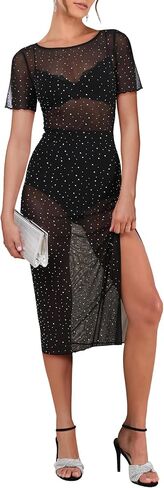 BBX Lephsnt Womens Sparkly Dresses Side Split Midi Bodycon Dress Glitter Sheer Mesh Sexy Beach Cover Up in Saudi Arabia