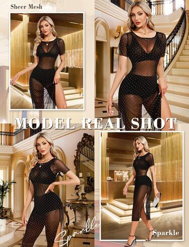 BBX Lephsnt Womens Sparkly Dresses Side Split Midi Bodycon Dress Glitter Sheer Mesh Sexy Beach Cover Up in Saudi Arabia
