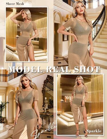 BBX Lephsnt Womens Sparkly Dresses Side Split Midi Bodycon Dress Glitter Sheer Mesh Sexy Beach Cover Up in Saudi Arabia