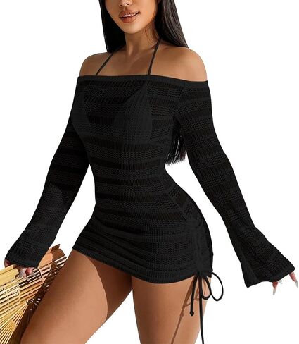 Summer Women's Sexy Mesh Hollow Out Off Shoulder Bathing Suit Coverups Long Bell Sleeve Ruched Drawstring Swimsuit in Saudi Arabia