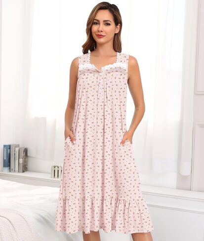 SWOMOG Womens Nightgowns Sleeveless Night Gown Victorian Nightdress House Dress with Pockets Ruffle Button Sleepshirt S-XXXL in Saudi Arabia