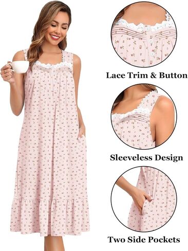SWOMOG Womens Nightgowns Sleeveless Night Gown Victorian Nightdress House Dress with Pockets Ruffle Button Sleepshirt S-XXXL in Saudi Arabia