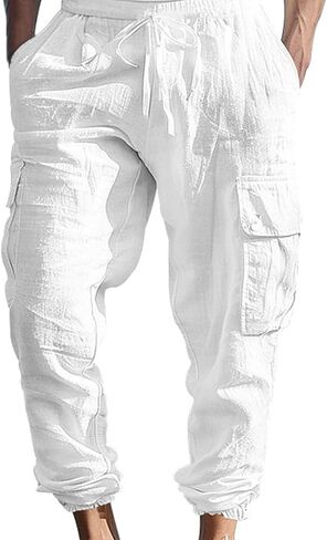 Men's Cargo Sweatpants Drawstring Joggers Relaxed Fit Stretch Linen Cotton Casual Pants with Pockets in Saudi Arabia