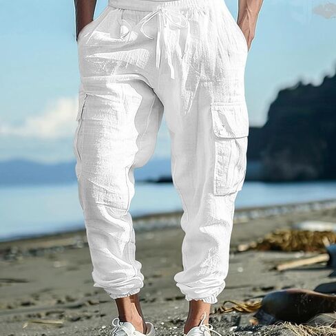 Men's Cargo Sweatpants Drawstring Joggers Relaxed Fit Stretch Linen Cotton Casual Pants with Pockets in Saudi Arabia