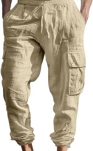 Men's Cargo Sweatpants Drawstring Joggers Relaxed Fit Stretch Linen Cotton Casual Pants with Pockets in Saudi Arabia