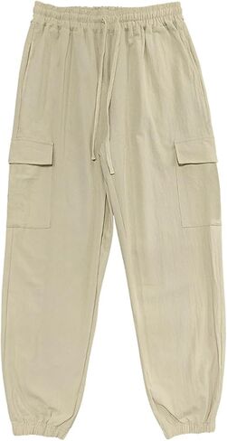 Men's Cargo Sweatpants Drawstring Joggers Relaxed Fit Stretch Linen Cotton Casual Pants with Pockets in Saudi Arabia