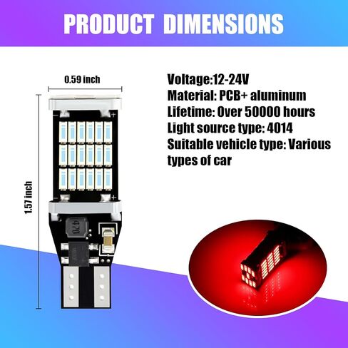 4 PCS CAR T15 LED LED LED HERLOW LIGHTS ، 6500K 4014 45SMD Chipsets Lights-Up-Up Flights ، 800lm 360 ° High Brightness Canbus Light Backup ، استبدال ضوء الفرامل العالمي لشاحنات السيارات (أحمر) in Kuwait