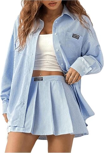 MakeMeChic Women's Two Piece Outfit Striped Button Down Shirt and Pleated Skirt Matching Set in Saudi Arabia