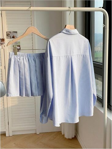 MakeMeChic Women's Two Piece Outfit Striped Button Down Shirt and Pleated Skirt Matching Set in Saudi Arabia