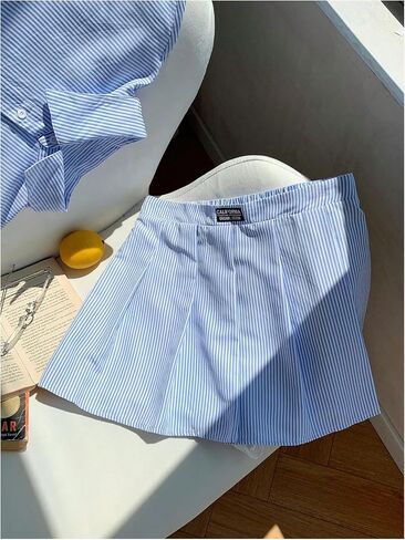 MakeMeChic Women's Two Piece Outfit Striped Button Down Shirt and Pleated Skirt Matching Set in Saudi Arabia