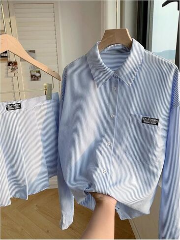 MakeMeChic Women's Two Piece Outfit Striped Button Down Shirt and Pleated Skirt Matching Set in Saudi Arabia
