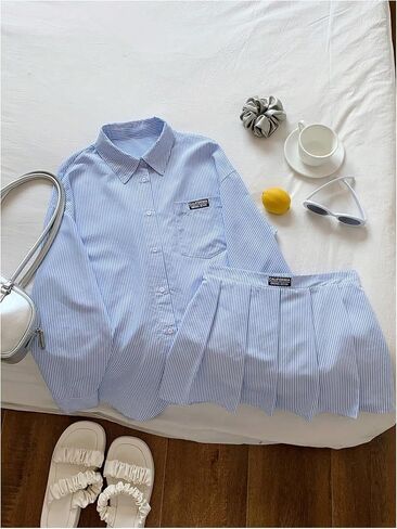 MakeMeChic Women's Two Piece Outfit Striped Button Down Shirt and Pleated Skirt Matching Set in Saudi Arabia