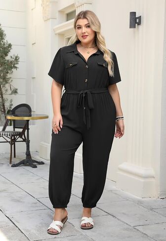 Nemidor Womens Plus Size Summer Jumpsuit Casual Dressy One Piece Outfits Long Pants Romper with Belt and Pocket 16-26 in Saudi Arabia