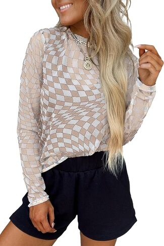 MARZXIN Women Mesh Long Sleeve Checkered Print Undershirt Sheer Mock Neck Tops See Through Going Out Blouses Shirts in Kuwait