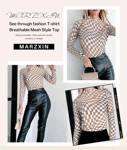 MARZXIN Women Mesh Long Sleeve Checkered Print Undershirt Sheer Mock Neck Tops See Through Going Out Blouses Shirts in Kuwait