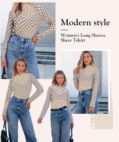 MARZXIN Women Mesh Long Sleeve Checkered Print Undershirt Sheer Mock Neck Tops See Through Going Out Blouses Shirts in Kuwait