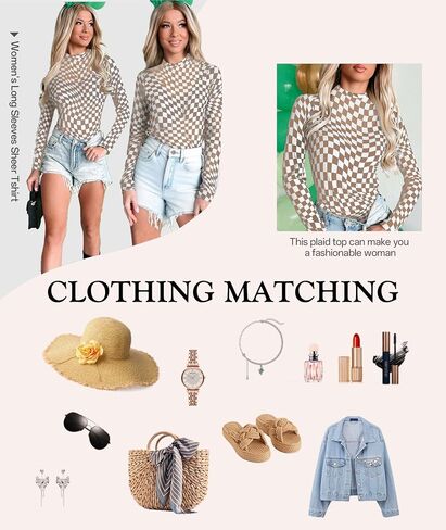 MARZXIN Women Mesh Long Sleeve Checkered Print Undershirt Sheer Mock Neck Tops See Through Going Out Blouses Shirts in Kuwait