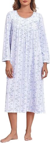 FMIRREO Long Cotton Nightgown Women's Long Sleeve Sleepwear Pleated Floral House Dress Soft Comfy Night Dress for Ladies in Saudi Arabia