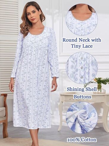 FMIRREO Long Cotton Nightgown Women's Long Sleeve Sleepwear Pleated Floral House Dress Soft Comfy Night Dress for Ladies in Saudi Arabia