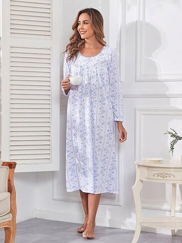 FMIRREO Long Cotton Nightgown Women's Long Sleeve Sleepwear Pleated Floral House Dress Soft Comfy Night Dress for Ladies in Saudi Arabia