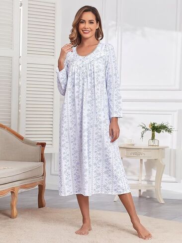 FMIRREO Long Cotton Nightgown Women's Long Sleeve Sleepwear Pleated Floral House Dress Soft Comfy Night Dress for Ladies in Saudi Arabia