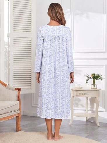 FMIRREO Long Cotton Nightgown Women's Long Sleeve Sleepwear Pleated Floral House Dress Soft Comfy Night Dress for Ladies in Saudi Arabia