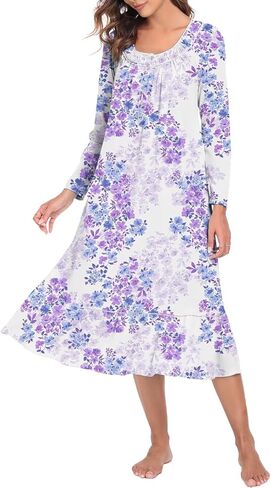 FMIRREO Long Cotton Nightgown Women's Long Sleeve Sleepwear Pleated Floral House Dress Soft Comfy Night Dress for Ladies in Saudi Arabia