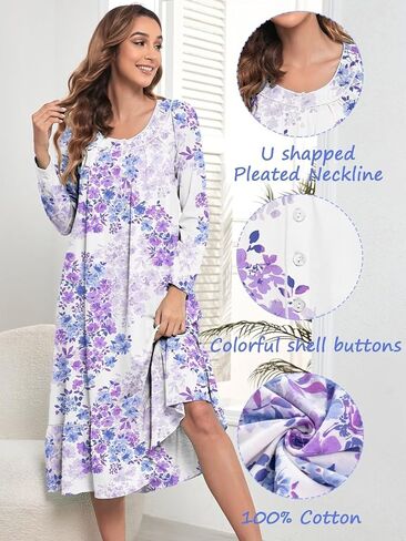 FMIRREO Long Cotton Nightgown Women's Long Sleeve Sleepwear Pleated Floral House Dress Soft Comfy Night Dress for Ladies in Saudi Arabia