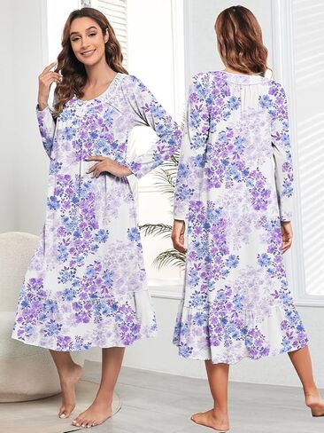 FMIRREO Long Cotton Nightgown Women's Long Sleeve Sleepwear Pleated Floral House Dress Soft Comfy Night Dress for Ladies in Saudi Arabia