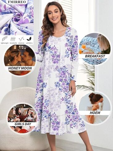 FMIRREO Long Cotton Nightgown Women's Long Sleeve Sleepwear Pleated Floral House Dress Soft Comfy Night Dress for Ladies in Saudi Arabia
