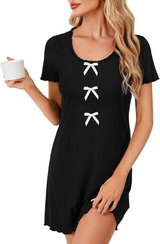 LYANER Women's Summer Scoop Neck Nightgown Frill Short Sleeve Sleep Shirt Dress with Bow in Saudi Arabia