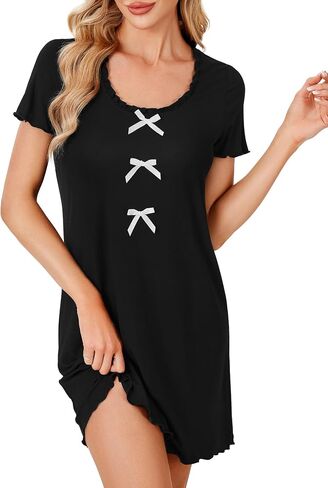 LYANER Women's Summer Scoop Neck Nightgown Frill Short Sleeve Sleep Shirt Dress with Bow in Saudi Arabia