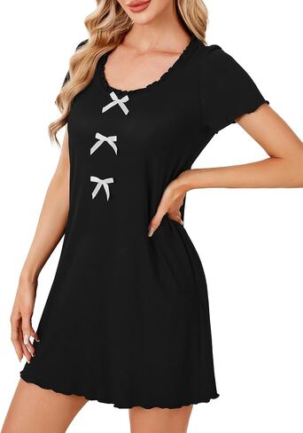 LYANER Women's Summer Scoop Neck Nightgown Frill Short Sleeve Sleep Shirt Dress with Bow in Saudi Arabia
