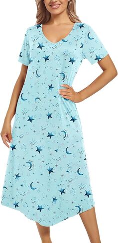 ENJOYNIGHT Womens Nightgown Short Sleeve Night Dress Long Sleepwear Gown with Pockets in Kuwait