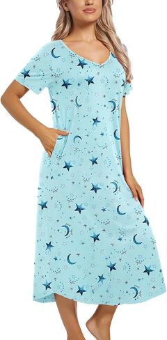 ENJOYNIGHT Womens Nightgown Short Sleeve Night Dress Long Sleepwear Gown with Pockets in Kuwait
